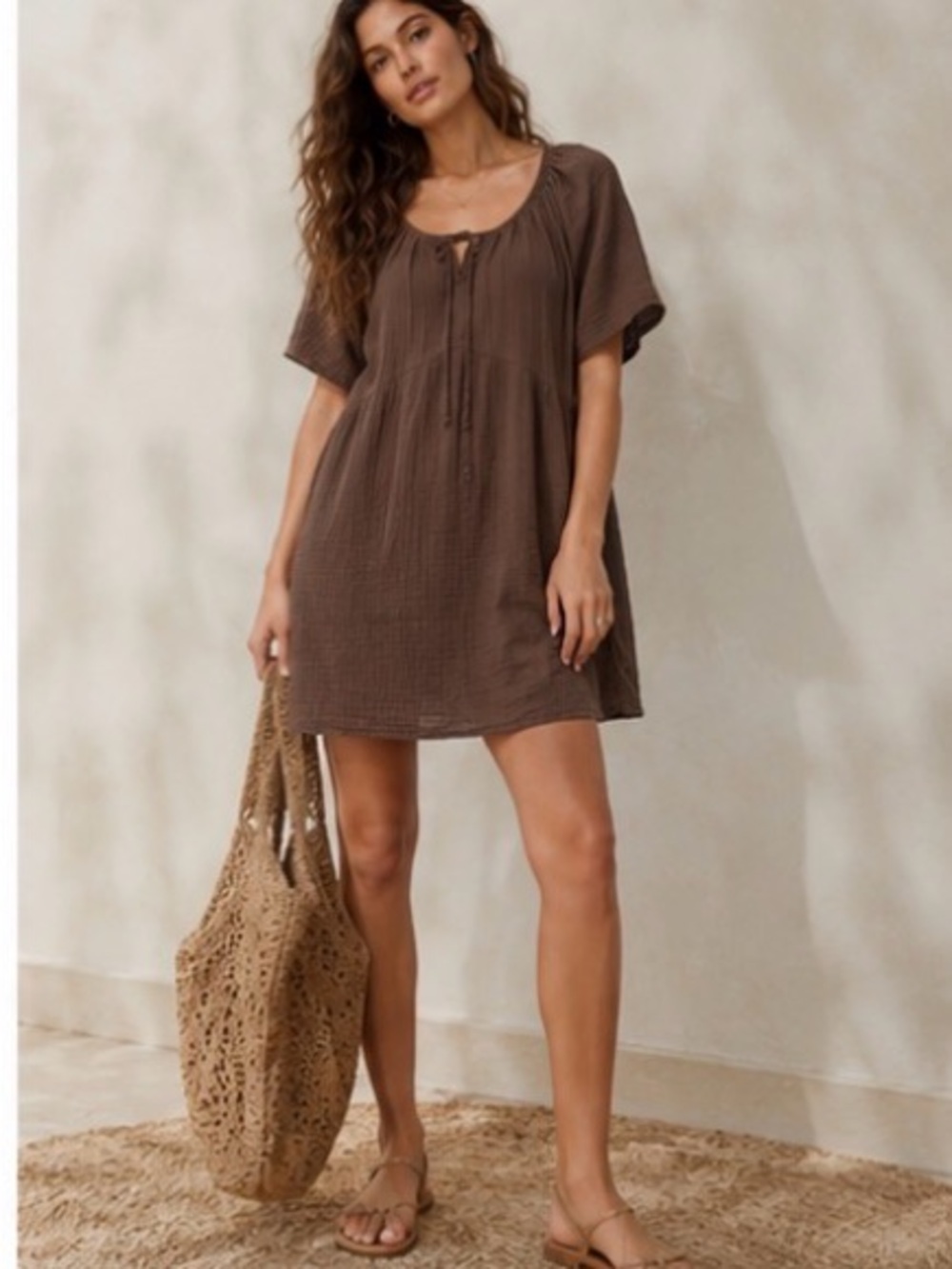 Flowy Cotton Gauze Dress Cocoa Brown
